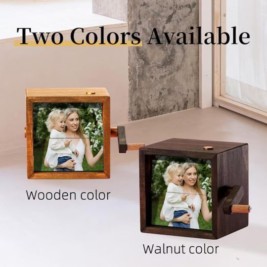 Personalized 8 Photos Flipbook Album with Light  Custom Walnut or Beach Wood Hand Cranked Photo Box