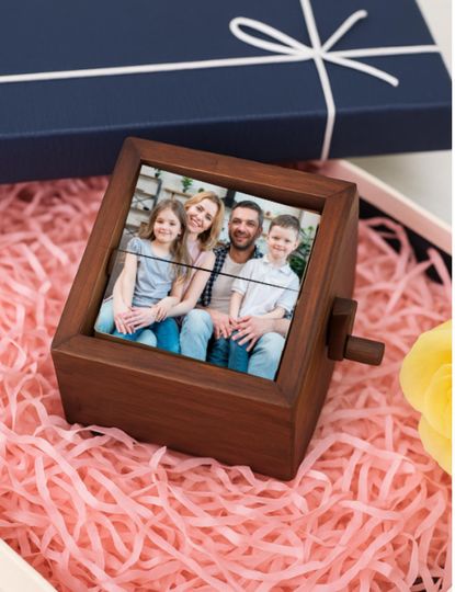 Personalized 8 Photos Flipbook Album with Light  Custom Walnut or Beach Wood Hand Cranked Photo Box