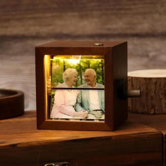 Personalized 8 Photos Flipbook Album with Light  Custom Walnut or Beach Wood Hand Cranked Photo Box