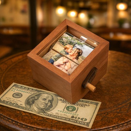 Personalized 8 Photos Flipbook Album with Light  Custom Walnut or Beach Wood Hand Cranked Photo Box