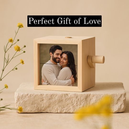 Personalized 8 Photos Flipbook Album with Light  Custom Walnut or Beach Wood Hand Cranked Photo Box