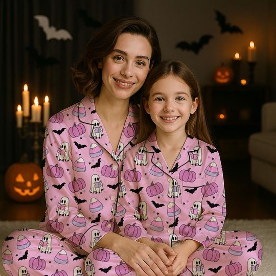 Cute Purple Ghost Reading Book Pajamas Set, Halloween Sleepwear