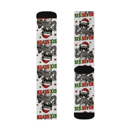 Santa Raccoon 6 7 Pattern Socks | Christmas Sublimation Crew Socks, Trendy kid gift