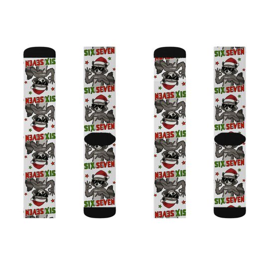 Santa Raccoon 6 7 Pattern Socks | Christmas Sublimation Crew Socks, Trendy kid gift