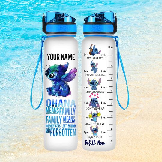 Personalized Stitch  Water Track Bottle, Ohana Means Family Water Bottle With Time Marker, Stitch Water Bottles
