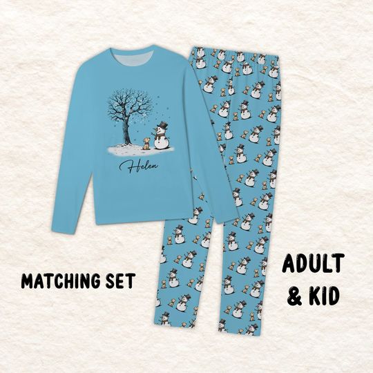 Cute Christmas Snowman Pajamas, Snowman Dog pajamas, Blue Family Christmas Pajamas, Christmas Pajamas Couples, Family Winter Sleepwear