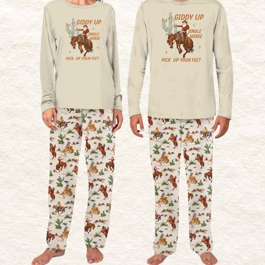 Western Christmas Pajama Set, Western Family Pajamas, Cowgirl Cowboy PJs, Men Women Horse Sleepwear, Rodeo Gifts, Cactus Loungewear