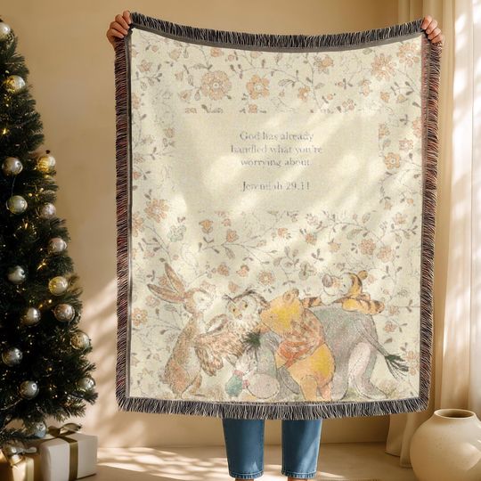 Personalize Winnie the Pooh Woven Blanket: Soft Cotton Christmas Decor