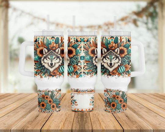 Boho Wolf 40oz Tumbler Wrap: Aztec Cactus Design