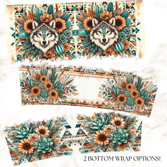 Boho Wolf 40oz Tumbler Wrap: Aztec Cactus Design