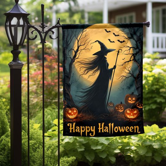 Halloween Witch Garden Flag with Full Moon, Personalized Outdoor Banner