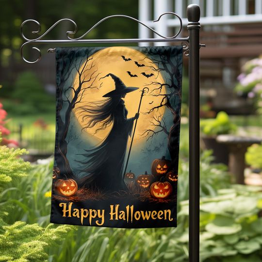 Halloween Witch Garden Flag with Full Moon, Personalized Outdoor Banner