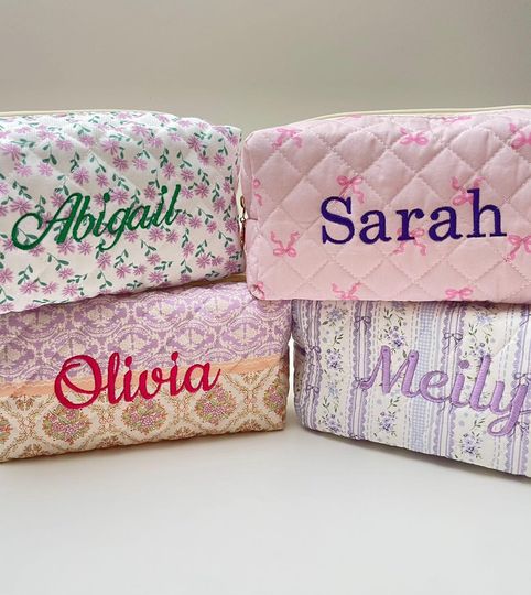 Personalized Floral Embroidered Makeup Bag, Bridesmaid Toiletry Pouch