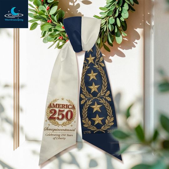 Patriotic Wreath Bow, Navy Gold Americana Ribbon, 250 Years Liberty Celebration Sash
