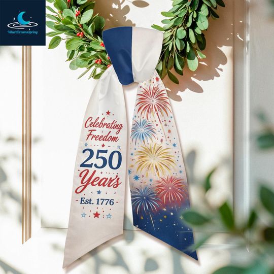 Patriotic 250 Year Celebration Wreath Sash, Fireworks Door Bow Decor, 1776 Anniversary Ribbon, Red White Blue Front Door Decor