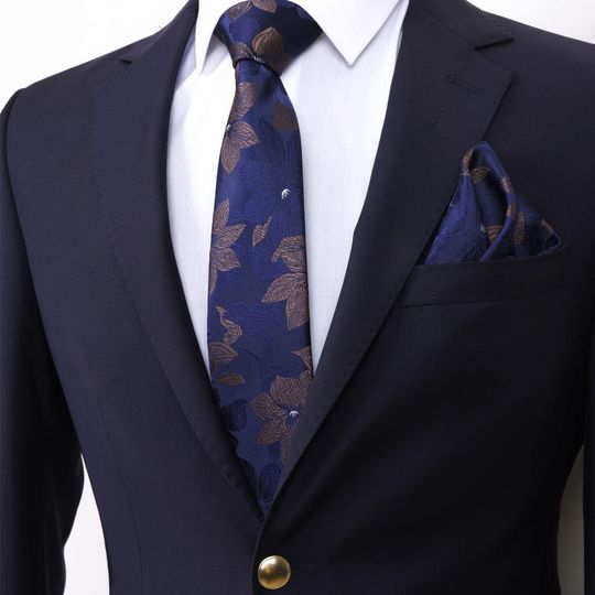 Hand Made Brown-DarkBlue Flower Patterned 7.5 cm Handkerchief Tie