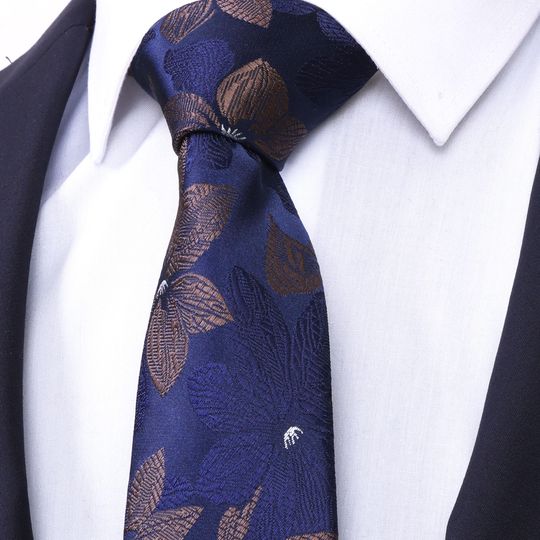 Hand Made Brown-DarkBlue Flower Patterned 7.5 cm Handkerchief Tie