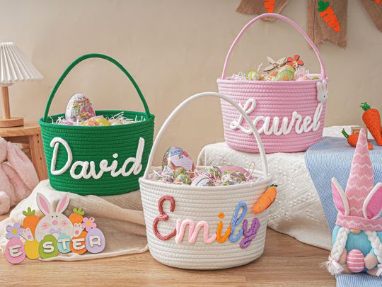 Personalized Easter Basket with Name, Rope Basket, Easter Bunny Gift for Kids, Easter Egg Hunt Basket, Baby Shower Gift