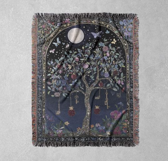 Magical Tree Woven Blanket 100% Cotton with Keys, Fruit, and Butterflies, Cottagecore Tapestry