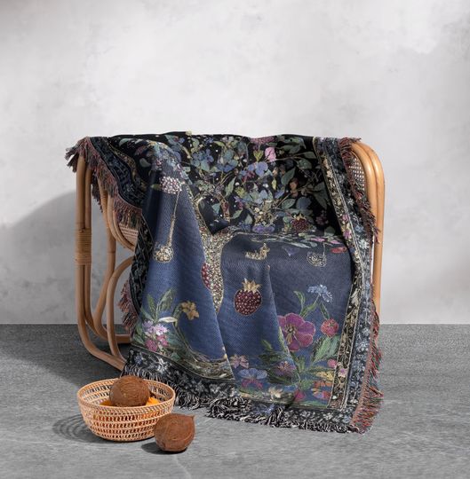 Magical Tree Woven Blanket 100% Cotton with Keys, Fruit, and Butterflies, Cottagecore Tapestry
