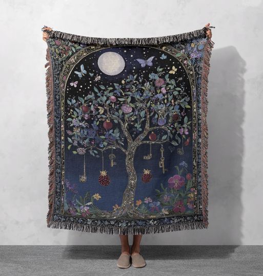 Magical Tree Woven Blanket 100% Cotton with Keys, Fruit, and Butterflies, Cottagecore Tapestry