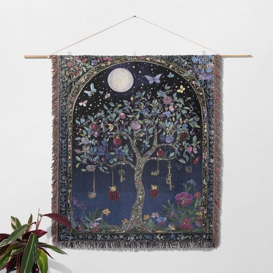 Magical Tree Woven Blanket 100% Cotton with Keys, Fruit, and Butterflies, Cottagecore Tapestry