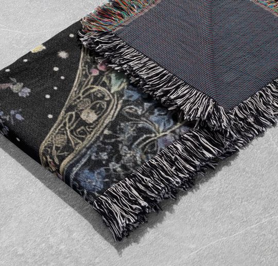Magical Tree Woven Blanket 100% Cotton with Keys, Fruit, and Butterflies, Cottagecore Tapestry