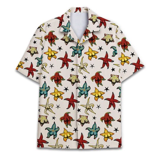 Colorful Starfish Hawaiian Shirt, Summer Beach Button Down