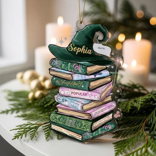 Custom Wicked Bookshelf Ornament, Changed For Good Musical Tee, Broadway Witch Christmas Gift, Emerald City Pink and Green Book Lover Gift