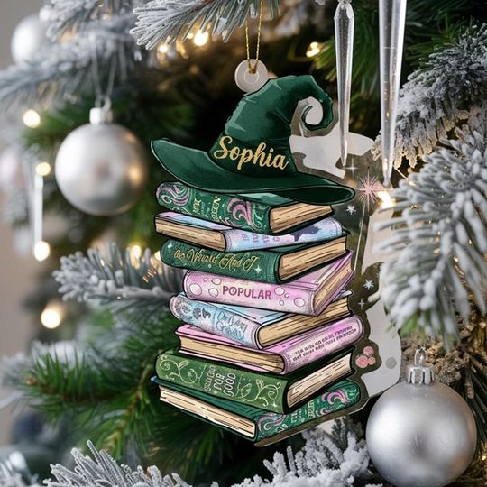 Custom Wicked Bookshelf Ornament, Changed For Good Musical Tee, Broadway Witch Christmas Gift, Emerald City Pink and Green Book Lover Gift