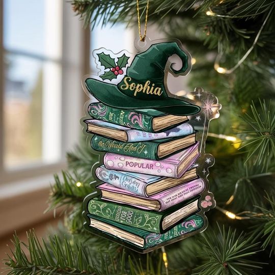 Custom Wicked Bookshelf Ornament, Changed For Good Musical Tee, Broadway Witch Christmas Gift, Emerald City Pink and Green Book Lover Gift