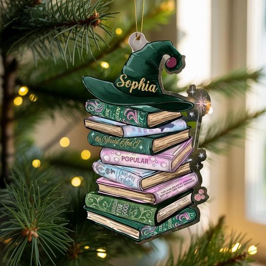 Custom Wicked Bookshelf Ornament, Changed For Good Musical Tee, Broadway Witch Christmas Gift, Emerald City Pink and Green Book Lover Gift