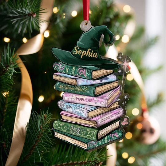Custom Wicked Bookshelf Ornament, Changed For Good Musical Tee, Broadway Witch Christmas Gift, Emerald City Pink and Green Book Lover Gift