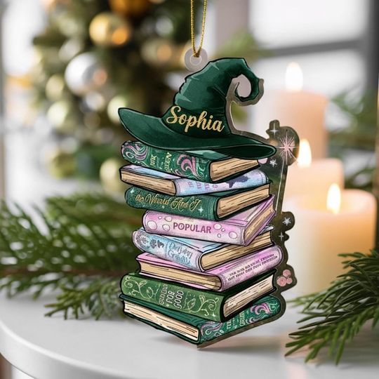Custom Wicked Bookshelf Ornament, Changed For Good Musical Tee, Broadway Witch Christmas Gift, Emerald City Pink and Green Book Lover Gift