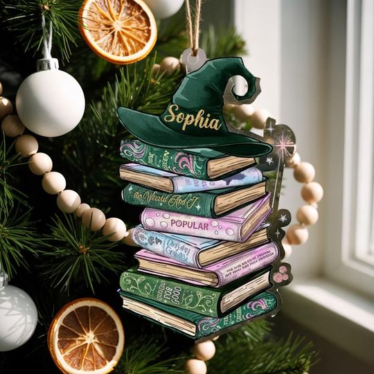 Custom Wicked Bookshelf Ornament, Changed For Good Musical Tee, Broadway Witch Christmas Gift, Emerald City Pink and Green Book Lover Gift