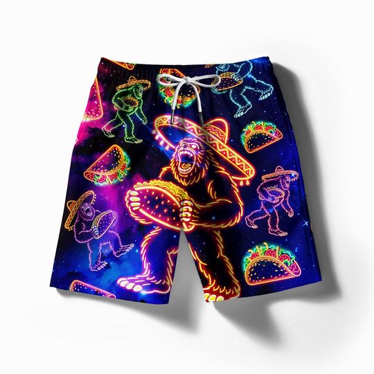 Funny Bigfoot Neon Cinco De Mayo Hawaiian Shorts For Men Neon Tacos Hawaiian Beach Shorts