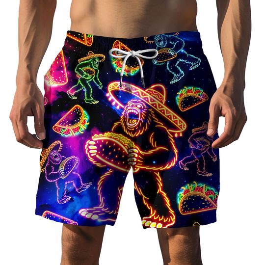Funny Bigfoot Neon Cinco De Mayo Hawaiian Shorts For Men Neon Tacos Hawaiian Beach Shorts