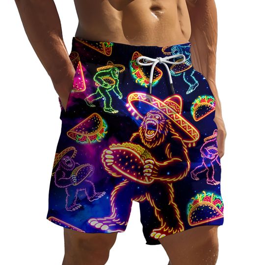 Funny Bigfoot Neon Cinco De Mayo Hawaiian Shorts For Men Neon Tacos Hawaiian Beach Shorts