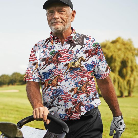 Funny Independence Day Horse Racing Polo Shirt for Men - USA Flag Casual Short Sleeve Golf Polo