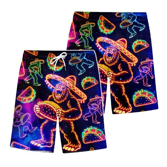 Funny Bigfoot Neon Cinco De Mayo Hawaiian Shorts For Men Neon Tacos Hawaiian Beach Shorts