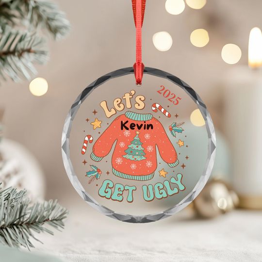 Personalized Ugly Sweater Glass Ornament 2025, Custom Name Christmas Tree Ornament