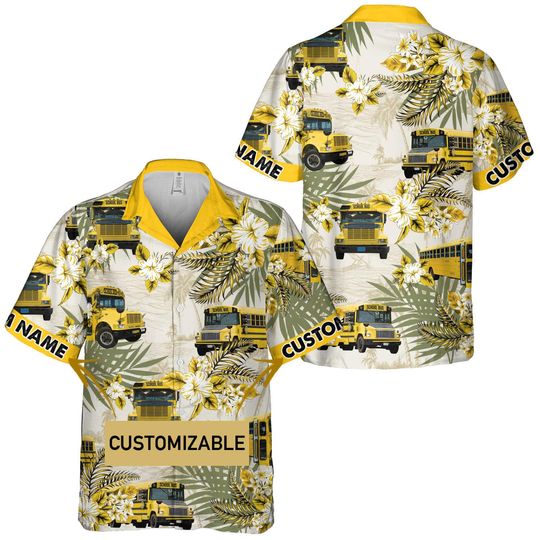 Personalized School Bus Hawaiian Shirt with Custom Name Button Down