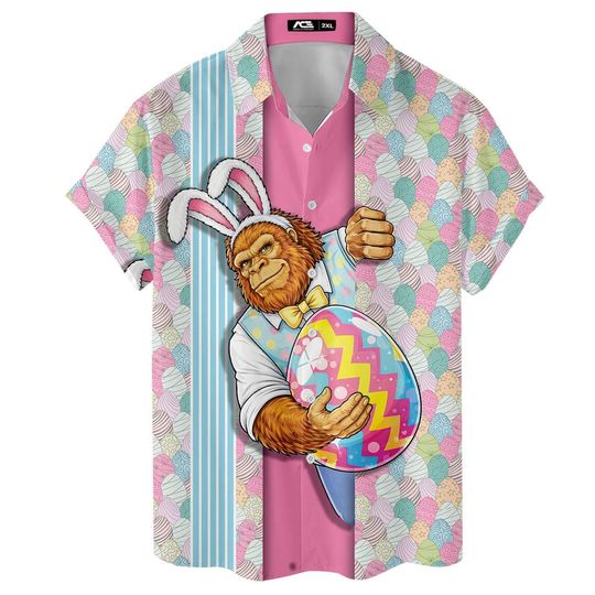 Bigfoot Easter Hawaiian Shirt for Men, Sasquatch Egg Hunt Vacation Shirt, Happy Easter Gift