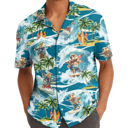Funny Capybara Surfing Hawaiian Shirt For Men Pattern Summer Beach Mens Hawaiian
