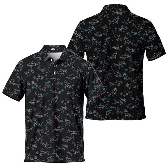 Shark Floral Men's Polo Shirt, Summer Short Sleeve Button-Up Golf Shirt