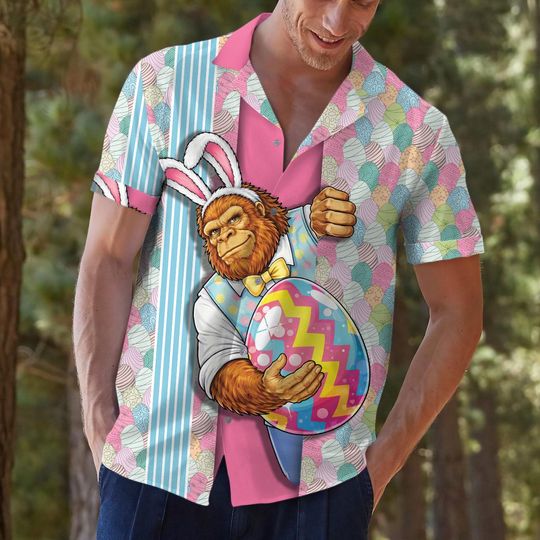 Bigfoot Easter Hawaiian Shirt for Men, Sasquatch Egg Hunt Vacation Shirt, Happy Easter Gift