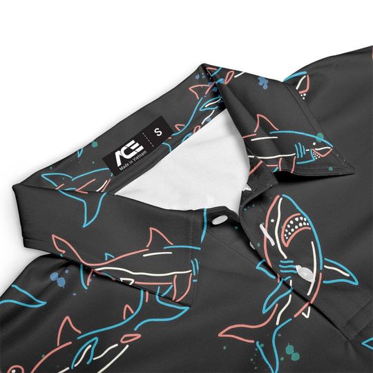 Shark Floral Men's Polo Shirt, Summer Short Sleeve Button-Up Golf Shirt