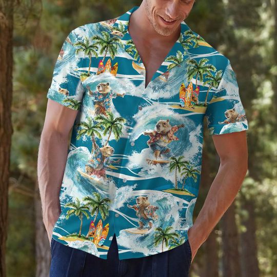 Funny Capybara Surfing Hawaiian Shirt For Men Pattern Summer Beach Mens Hawaiian