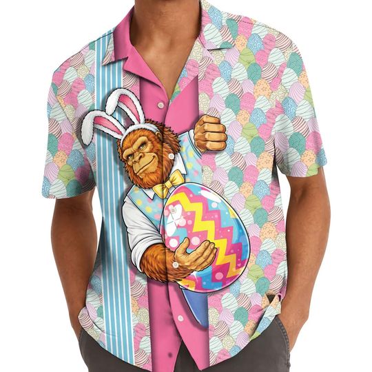 Bigfoot Easter Hawaiian Shirt for Men, Sasquatch Egg Hunt Vacation Shirt, Happy Easter Gift