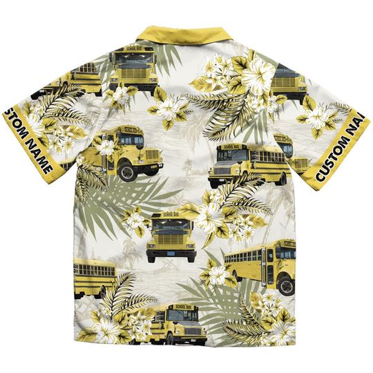 Personalized School Bus Hawaiian Shirt with Custom Name Button Down